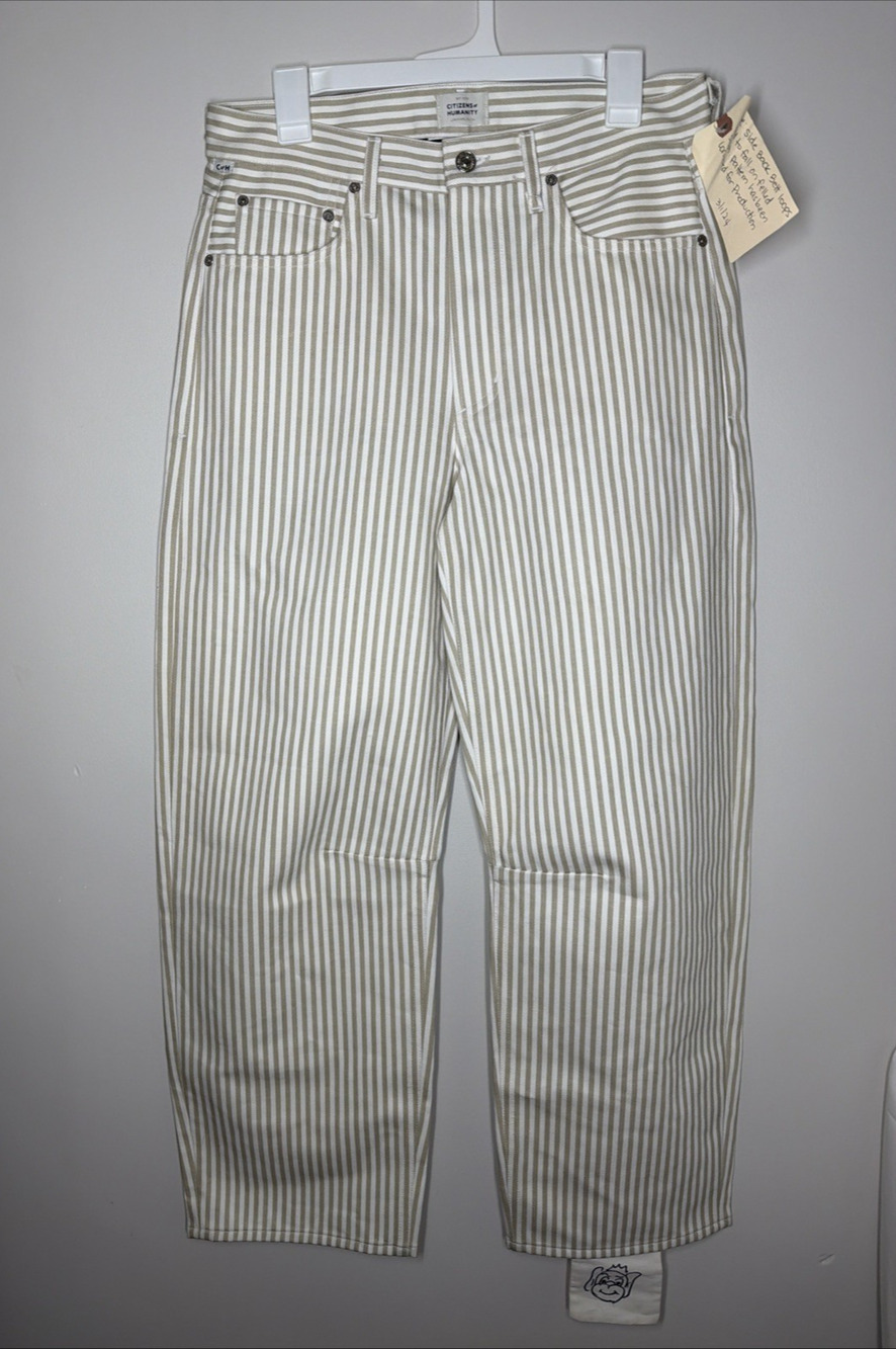 Citizens of Humanity Horseshoe Stripe Barrel Jeans Womens 27 Khaki Wide Leg READ - Picture 1 of 16